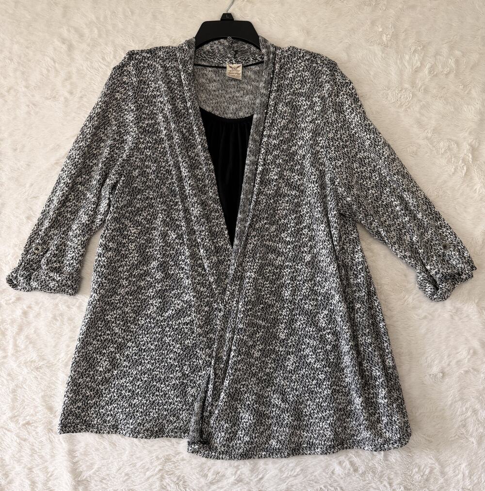 Faded Glory Layered Cardigan Womens 2X (18W-20W) Gray Black 3/4 Sleeve One Piece